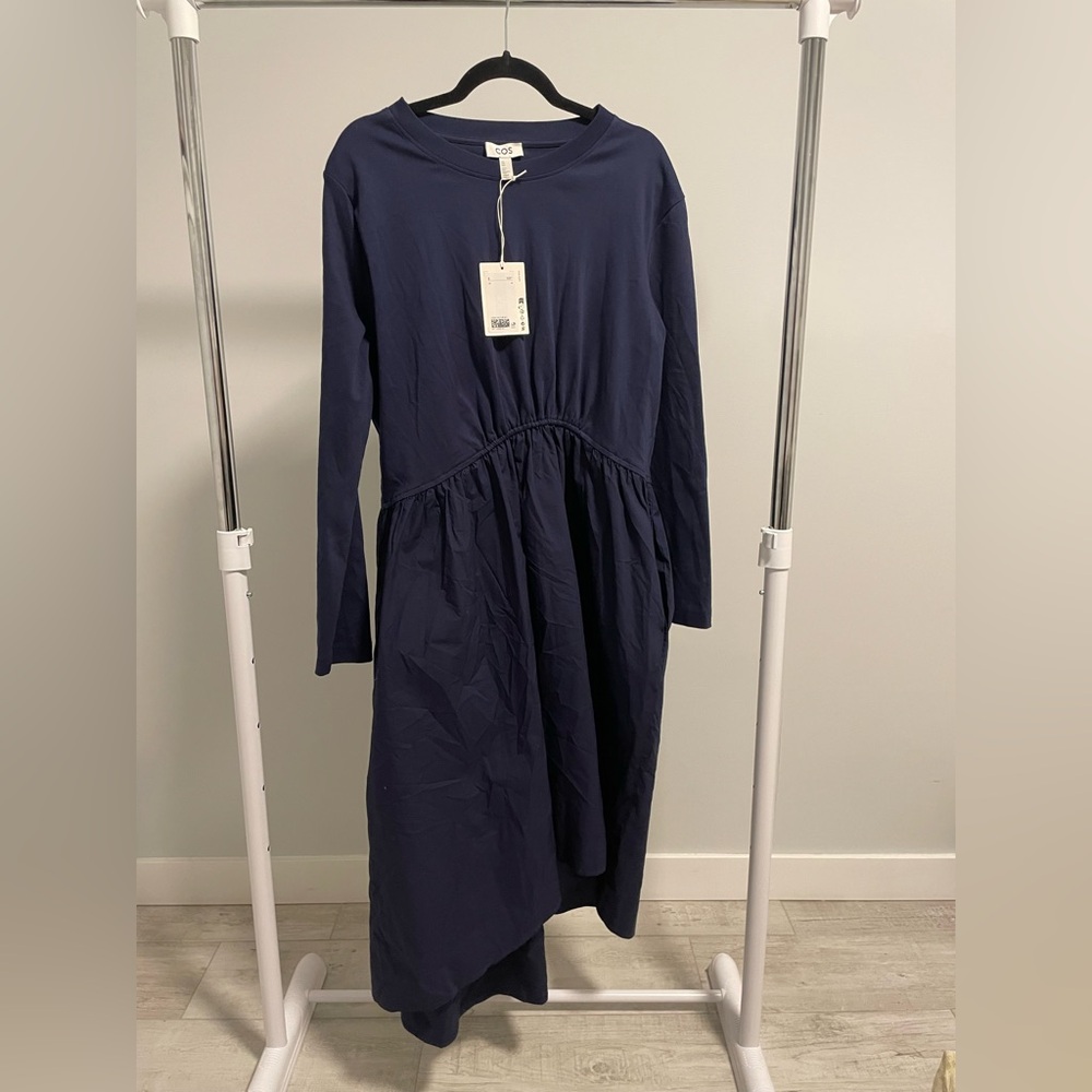 COS Navy Blue Women's Midi Dress Gathered Waist Poplin Asymmetrical size M